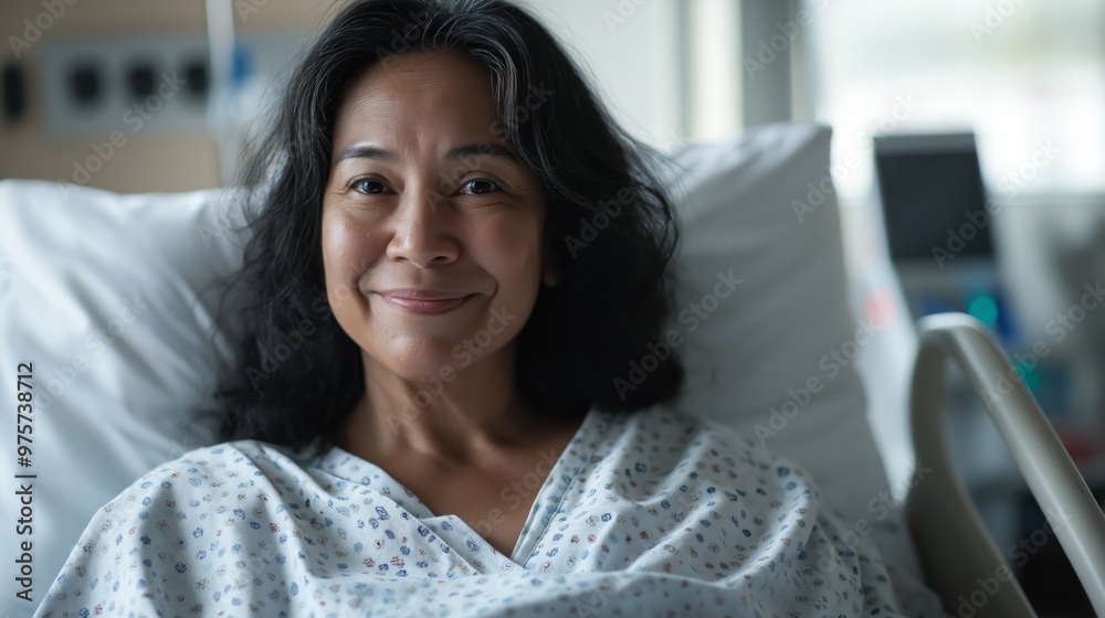 Fototapeta premium Middle Aged Woman of Pacific Islander Descent Resting in Hospital Bed Smiling for Healthcare and Recovery Themes