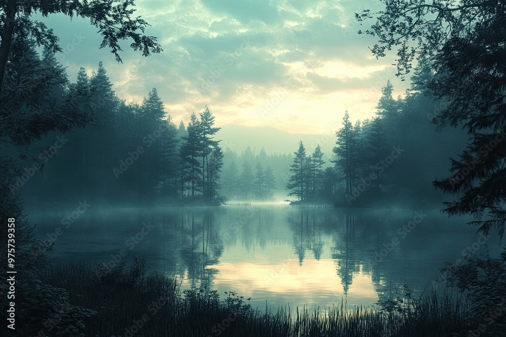 A serene lake surrounded by trees with a cloudy sky in the background