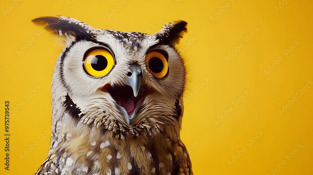 Obraz premium Studio portrait of surprised owl, isolated on yellow background
