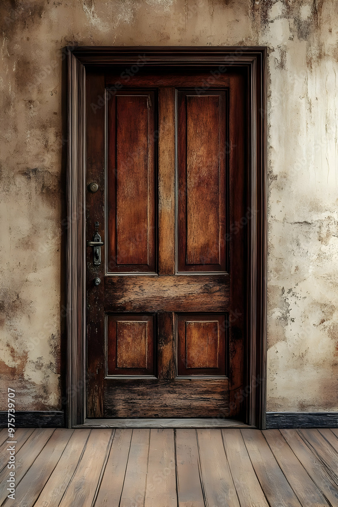 A rustic wooden door stands against a weathered wall, adding charm and character to any interior space. A rustic wooden door stands against a weathered wall, adding charm and character to any interior space.