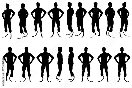 collection of silhouette male character with 2 prosthesis legs, different angles body pose for graphic resource