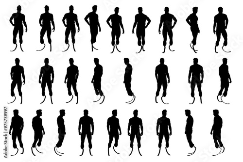 collection of silhouette male character with 2 prosthesis legs, different angles body pose for graphic resource