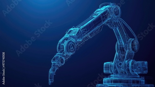 Wireframe robotic arm in blue tones against a dark background.