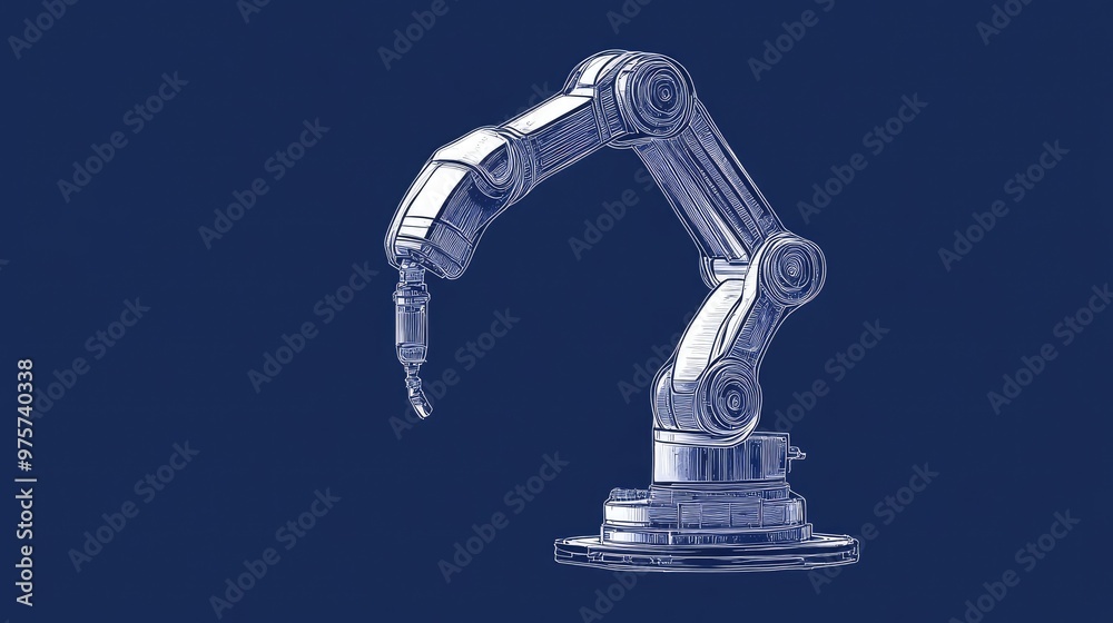 A robotic arm with a tool on the end, against a blue background. A robotic arm with a tool on the end, against a blue background.