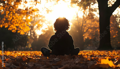 A child sits peacefully in an autumn landscape, surrounded by vibrant leaves and glowing sunlight, embodying tranquility and wonder. #975740780