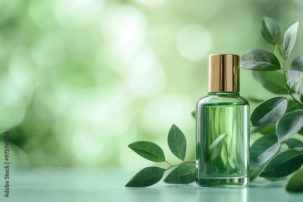 A refreshing green essential oil bottle surrounded by lush leaves creates a serene atmosphere for beauty and wellness. A refreshing green essential oil bottle surrounded by lush leaves creates a serene atmosphere for beauty and wellness.