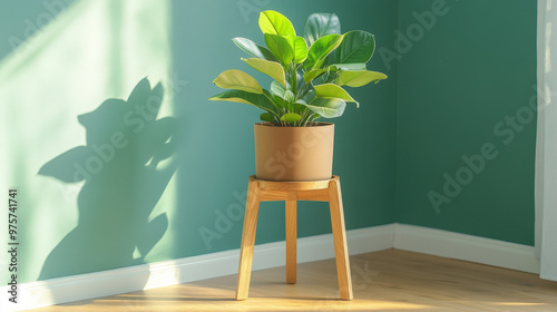 Beautiful plant in a ceramic vase adorn a wooden table, adding a touch of nature to the modern home interior photo