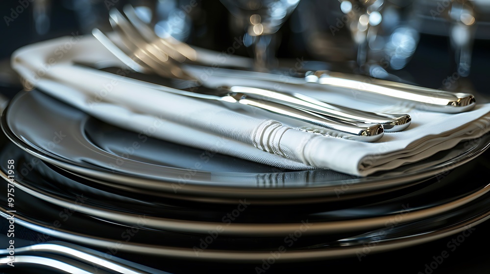 Sterling silverware and napkins on a stack. Close up Sterling silverware and napkins on a stack. Close up