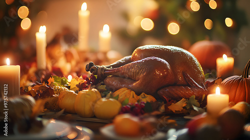 thanksgiving day with harvest and turkey candle light dinner background photo