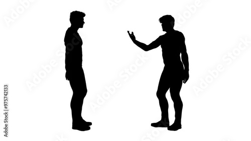 3D render : two silhouette male character are talking, one with angry expression while another is reticent and reserved