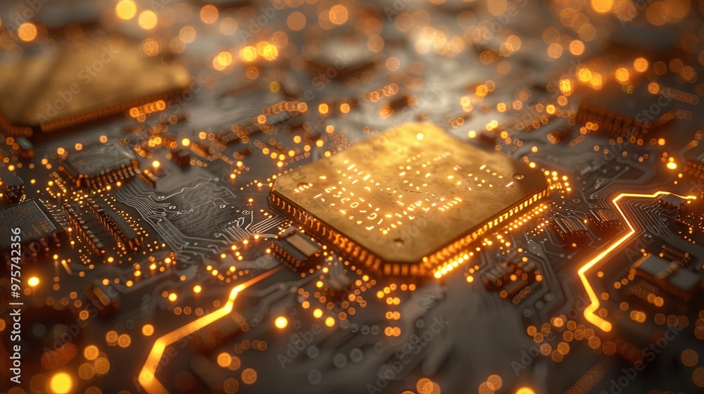 Printed circuit board futuristic server/Circuit board futuristic server code processing. Orange, green, blue technology background with bokeh. 3D Rendering Printed circuit board futuristic server/Circuit board futuristic server code processing. Orange, green, blue technology background with bokeh. 3D Rendering