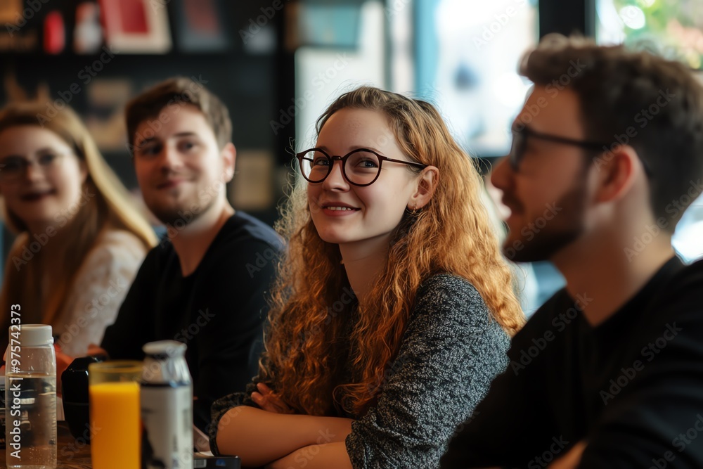 Group of friends enjoying a casual gathering at a cafe, laughing and conversing with drinks on the table. Group of friends enjoying a casual gathering at a cafe, laughing and conversing with drinks on the table.