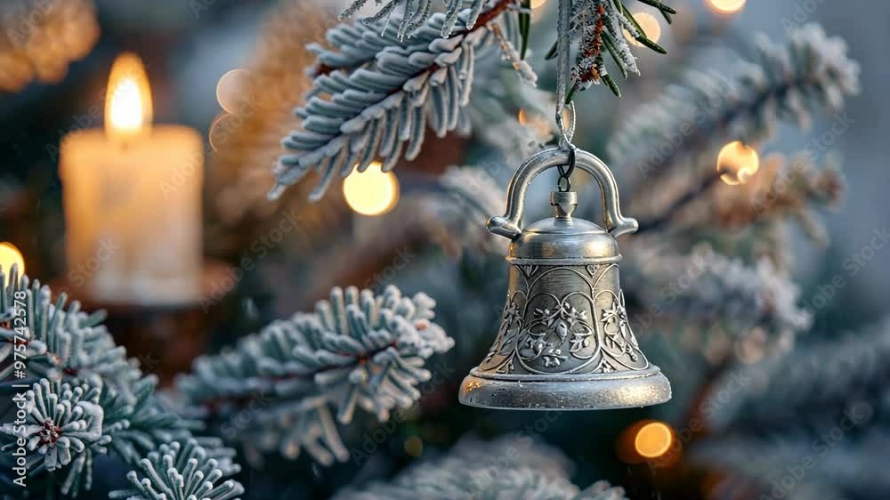 Sparkling winter bell hanging from frosted evergreen tree with candlelight glowing softly in the background during the holiday season