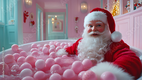 Santa Claus relaxing in a bathtub surrounded by pink balls. photo