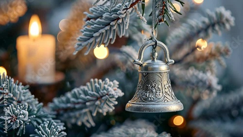 Sparkling winter bell hanging from frosted evergreen tree with candlelight glowing softly in the background during the holiday season