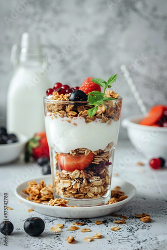 Close-Up Food Photography of a Glass Layered with Greek Yogurt, Granola, and Berries on a White Plate, with a Milk Bottle and Bowl of Fresh Fruit in the Background