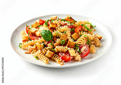 High-Resolution Side View of Pasta Salad with Tomatoes and Cheese Croutons on a White Plate, Isolated Against a White Background