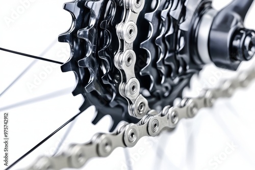 A close-up of bicycle gears and chain, showcasing the mechanics and precision, isolated on white background photo