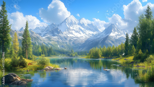 A serene landscape featuring majestic mountains, lush trees, and a tranquil lake under a clear blue sky.