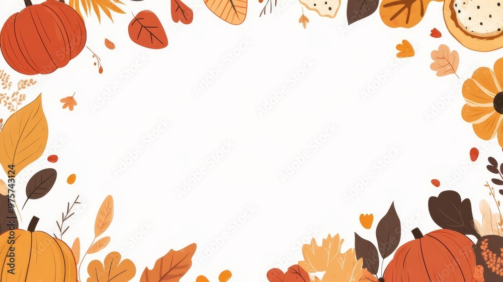 Graphic for festive event. a border with autumn and halloween elements like pumpkins, sunflowers, leaves, and pies. White isolated background Graphic for festive event. a border with autumn and halloween elements like pumpkins, sunflowers, leaves, and pies. White isolated background