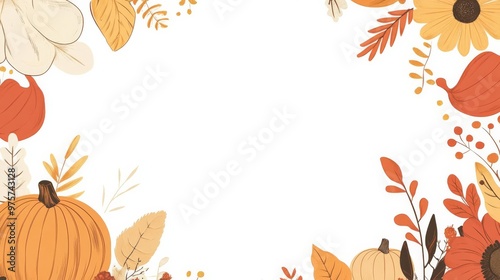 Graphic for festive event. a border with autumn and halloween elements like pumpkins, sunflowers, leaves, and pies. White isolated background