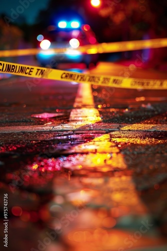 Dramatic Crime Scene with Emergency Tape and Blurred Lights at Night on Wet Urban Street