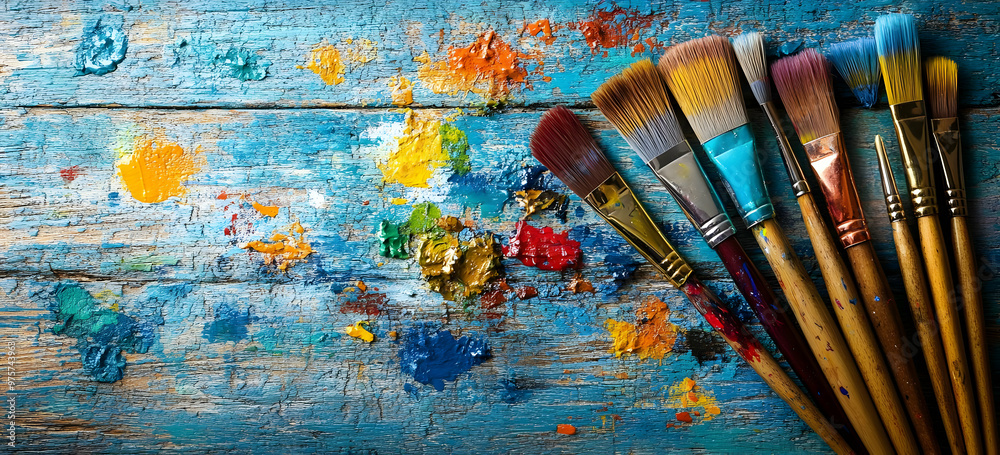 Fototapeta premium Colorful paintbrushes arranged on a wooden surface with vibrant paint splatters, ideal for artistic and creative projects.