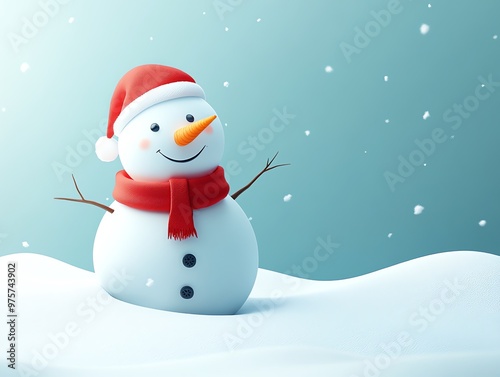 Cheerful snowman wearing a red hat and scarf against a blue snowy background.