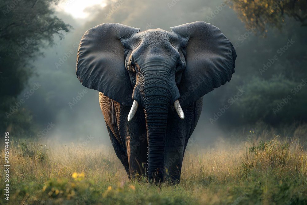 Obraz premium Majestic elephant standing in tall grass, surrounded by misty nature. A symbol of strength and grace in the wild.