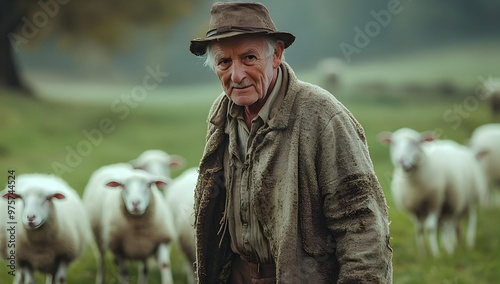 An elderly farmer tending to sheep in a lush green pasture, embodying rural life and traditional farming practices. photo