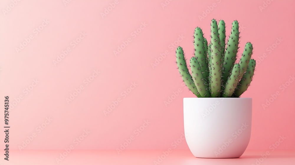 Serene Minimalist Wallpaper with Green Cactus in White Pot on Pastel Pink Background