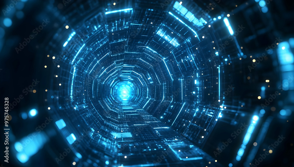 Futuristic tunnel with glowing blue lights, showcasing advanced technology and digital depth, perfect for sci-fi themes. Futuristic tunnel with glowing blue lights, showcasing advanced technology and digital depth, perfect for sci-fi themes.