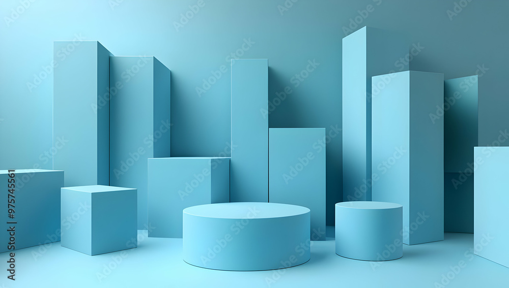 Abstract 3D geometric shapes in various heights and colors, creating a modern, minimalistic background with soft blue tones. Abstract 3D geometric shapes in various heights and colors, creating a modern, minimalistic background with soft blue tones.