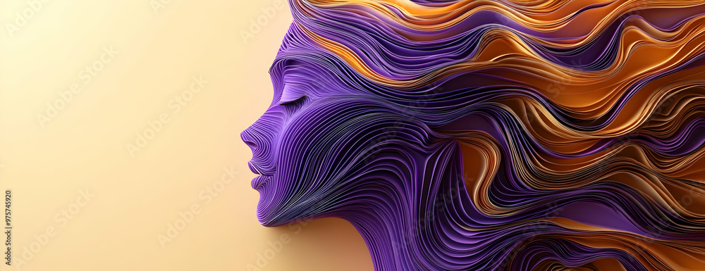 Abstract portrait of a woman with flowing purple and orange hair, combining art and elegance against a soft background. Abstract portrait of a woman with flowing purple and orange hair, combining art and elegance against a soft background.