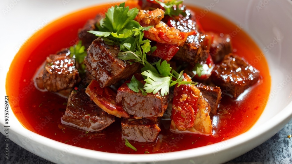 Juicy cubes of beef framed by crispy strips of bacon, drizzled with thick velvety tomato sauce, garnished with fresh herbs. Juicy cubes of beef framed by crispy strips of bacon, drizzled with thick velvety tomato sauce, garnished with fresh herbs.