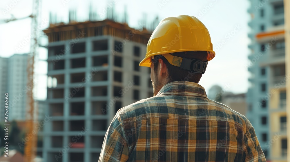 Engineer builder wearing a helmet and holding blueprints at a construction site Engineer builder wearing a helmet and holding blueprints at a construction site