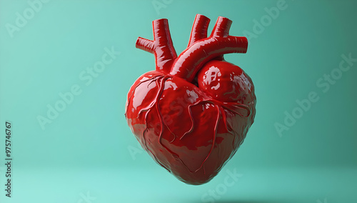 A vibrant, red heart sculpture showcasing anatomical details against a soft teal background, ideal for health and art themes. photo