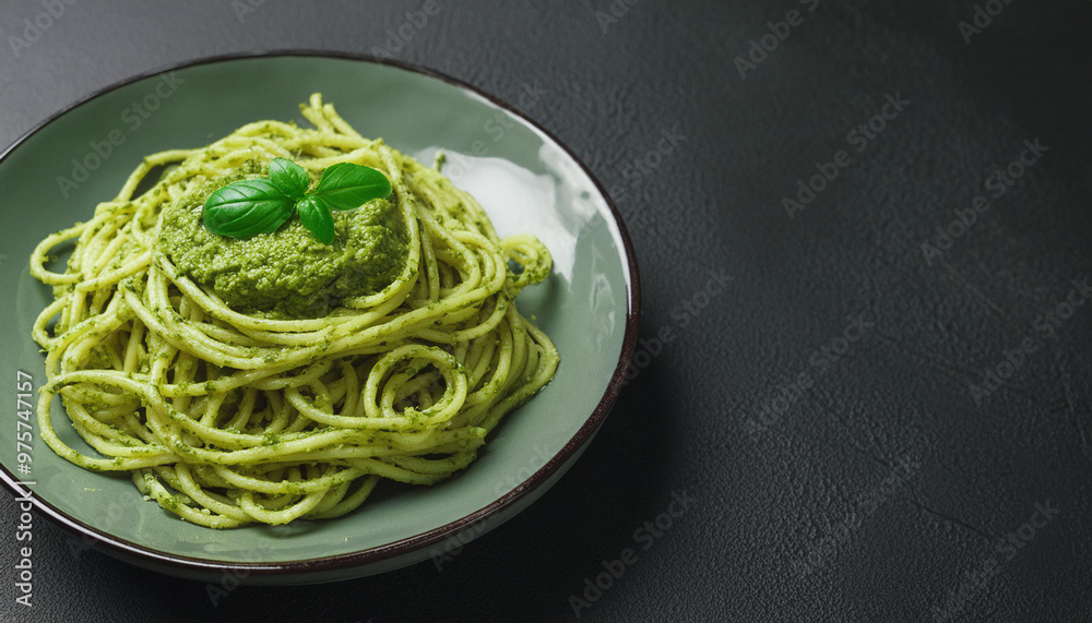 Spaghetti pasta with green pesto sauce and basil black background with copy space. Restaurant food Spaghetti pasta with green pesto sauce and basil black background with copy space. Restaurant food
