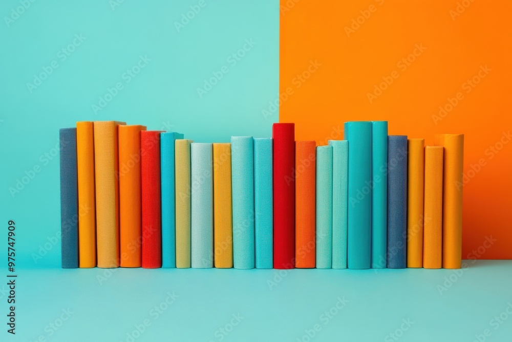 A series of colorful novels showcased on a bright orange and blue canvas A series of colorful novels showcased on a bright orange and blue canvas