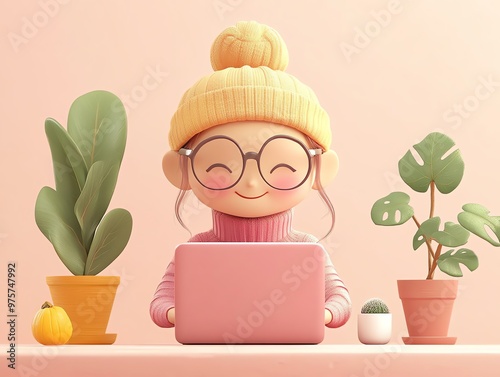 Cute cartoon girl wearing a yellow beanie and glasses sitting in front of a pink laptop computer.