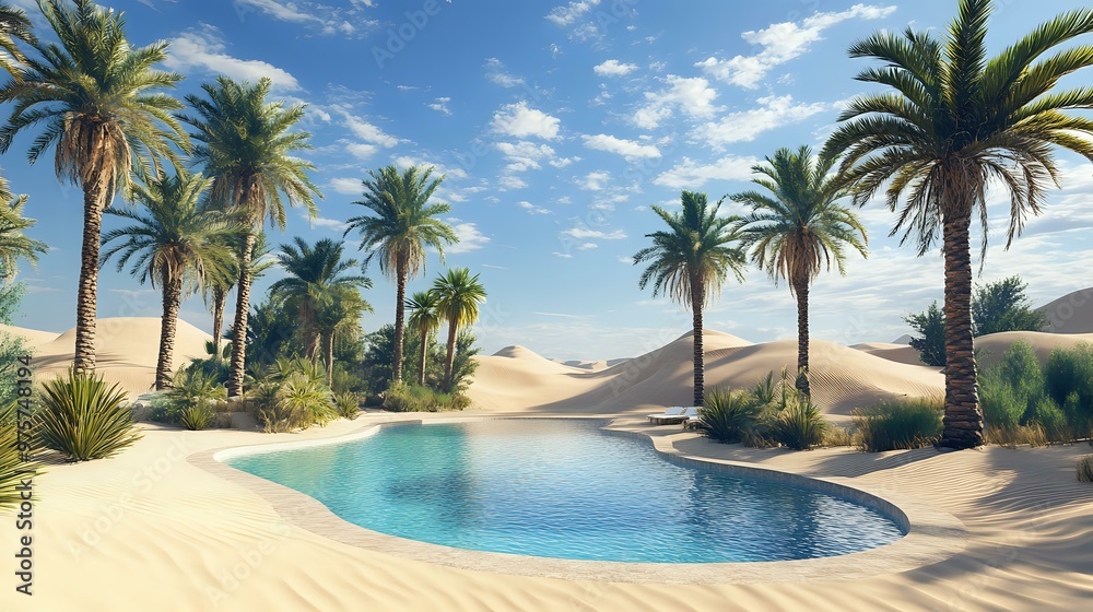 Fototapeta premium Desert oasis with date palms and a shimmering pool surrounded by towering sand dunes and clear blue skies creating a unique landscape for desert beauty
