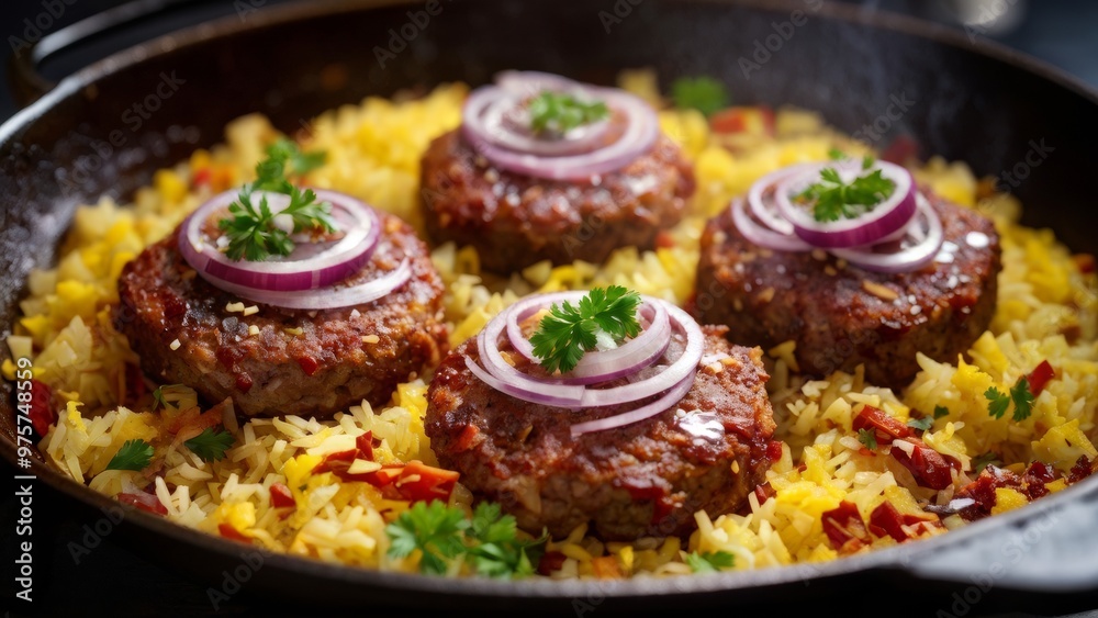 Fried cutlets of finely chopped sauerkraut mixed with cubes of smoked meat, rice as a side dish and liberally sprinkled with red onion rings. Fried cutlets of finely chopped sauerkraut mixed with cubes of smoked meat, rice as a side dish and liberally sprinkled with red onion rings.
