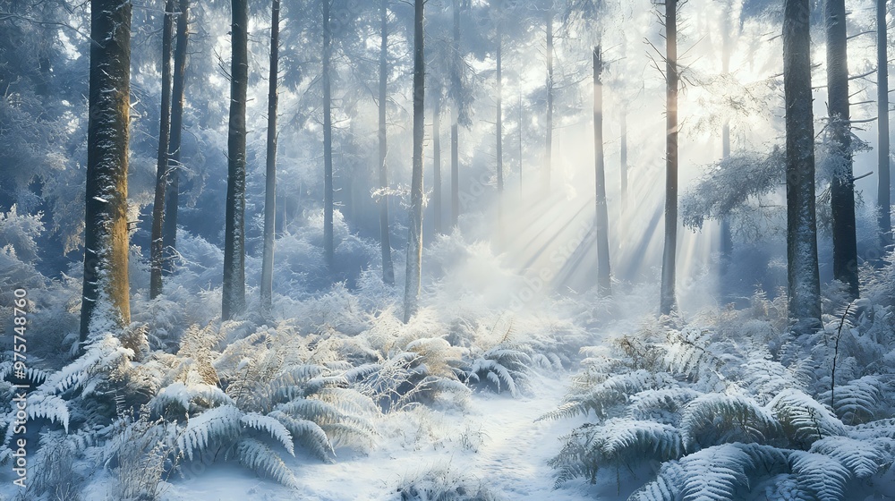 Naklejka premium Snow-covered evergreen forest with soft sunlight breaking through the trees a gentle layer of frost over the ferns evoking a peaceful winter wonderland
