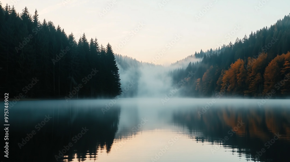 This image depicts a serene mountain landscape, with a still lake reflecting the foggy mountains and dense pine forests. This image depicts a serene mountain landscape, with a still lake reflecting the foggy mountains and dense pine forests.