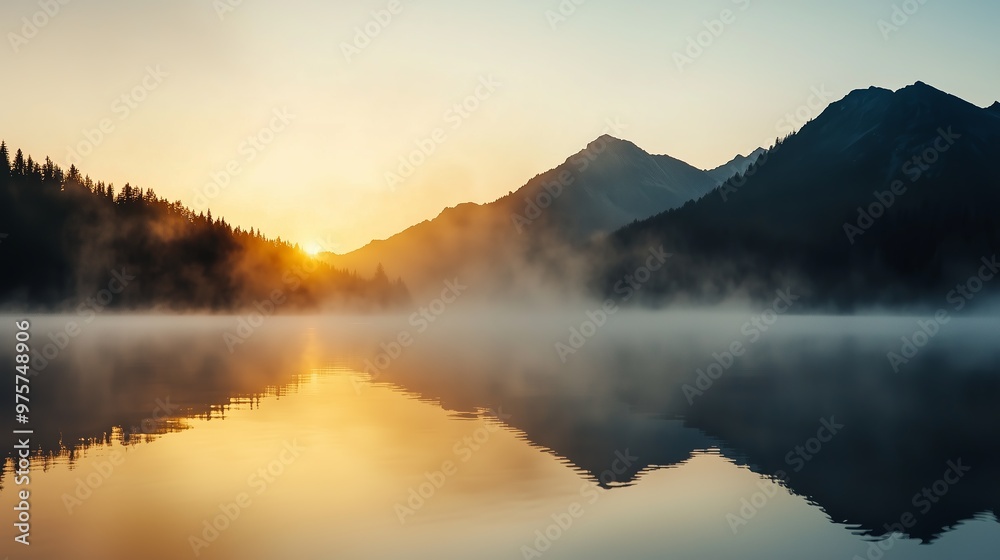 This image depicts a serene mountain landscape, with a still lake reflecting the foggy mountains and dense pine forests.