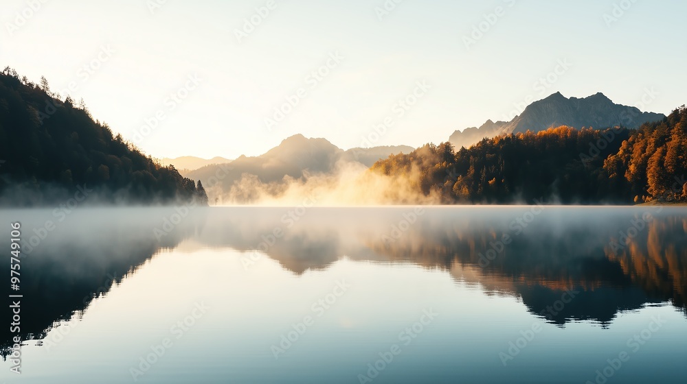 Fototapeta premium This image depicts a serene mountain landscape, with a still lake reflecting the foggy mountains and dense pine forests.