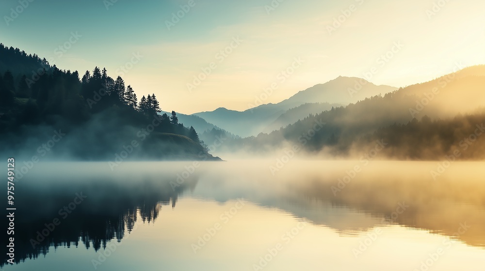 This image depicts a serene mountain landscape, with a still lake reflecting the foggy mountains and dense pine forests. This image depicts a serene mountain landscape, with a still lake reflecting the foggy mountains and dense pine forests.