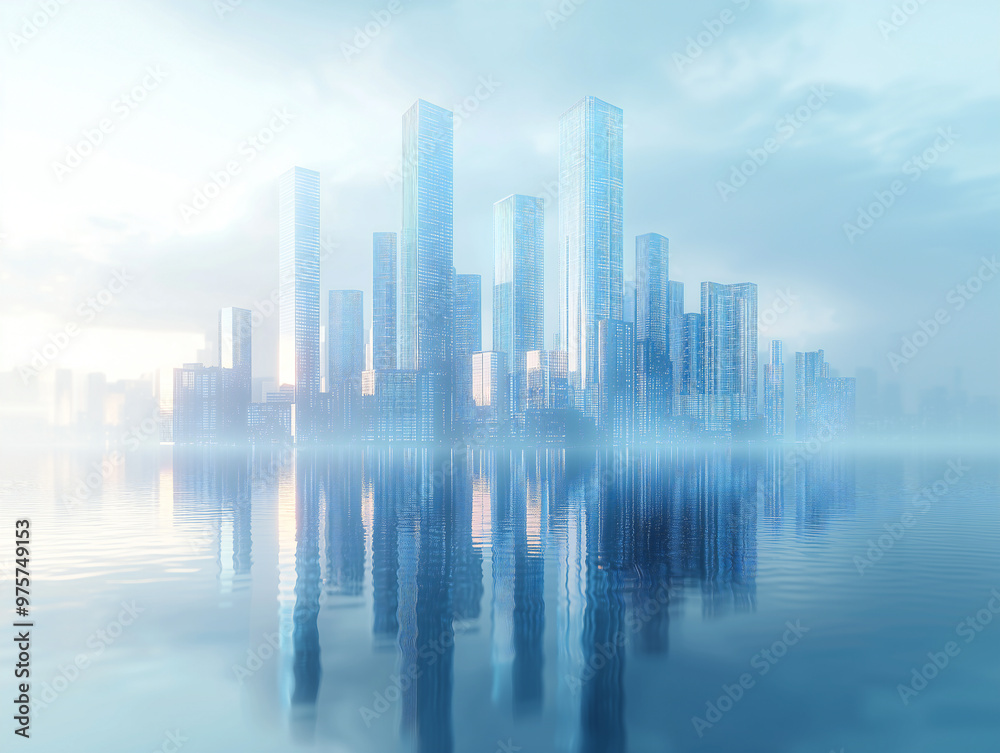 Sleek and modern abstract background with a minimalist cityscape made of glass, featuring vertical bar charts rising against a gradient blue sky Sleek and modern abstract background with a minimalist cityscape made of glass, featuring vertical bar charts rising against a gradient blue sky