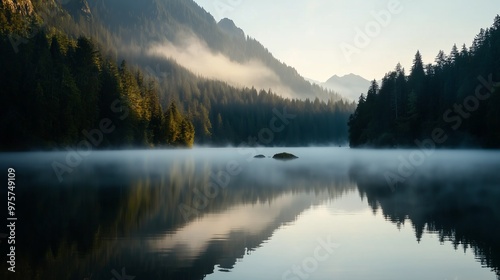 This image depicts a serene mountain landscape, with a still lake reflecting the foggy mountains and dense pine forests.