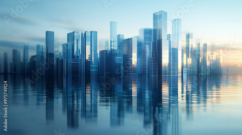 Sleek and modern abstract background with a minimalist cityscape made of glass, featuring vertical bar charts rising against a gradient blue sky